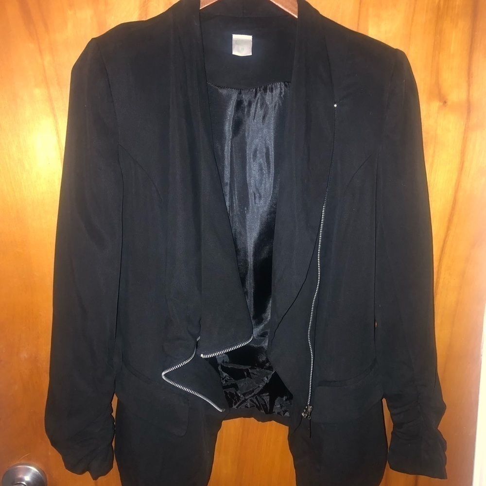 Vintage Y2k Zip up Assymetrical black blazer waterfall collar interview outfit - Picture 7 of 12